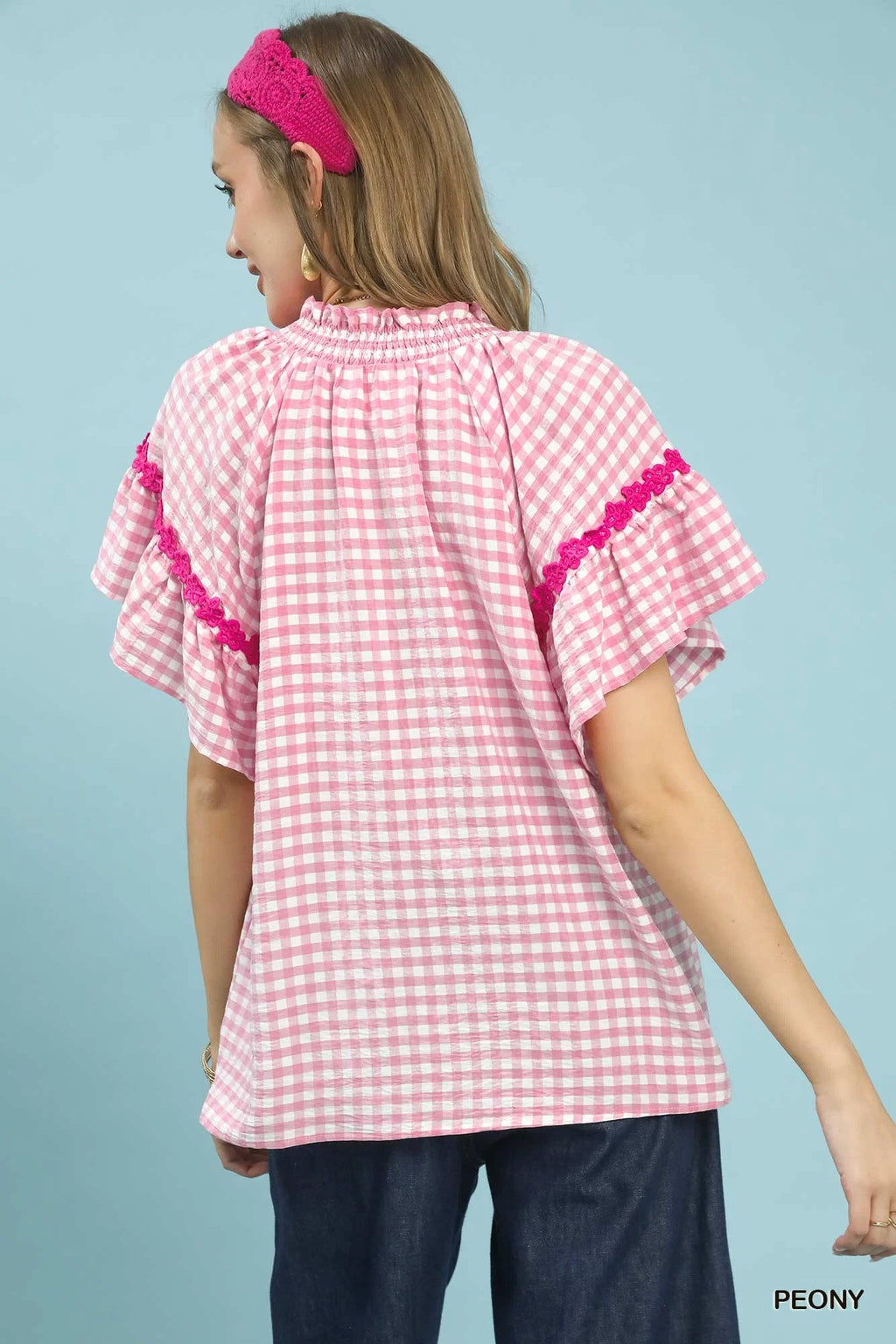 Umgee Gingham Lace Trim Top