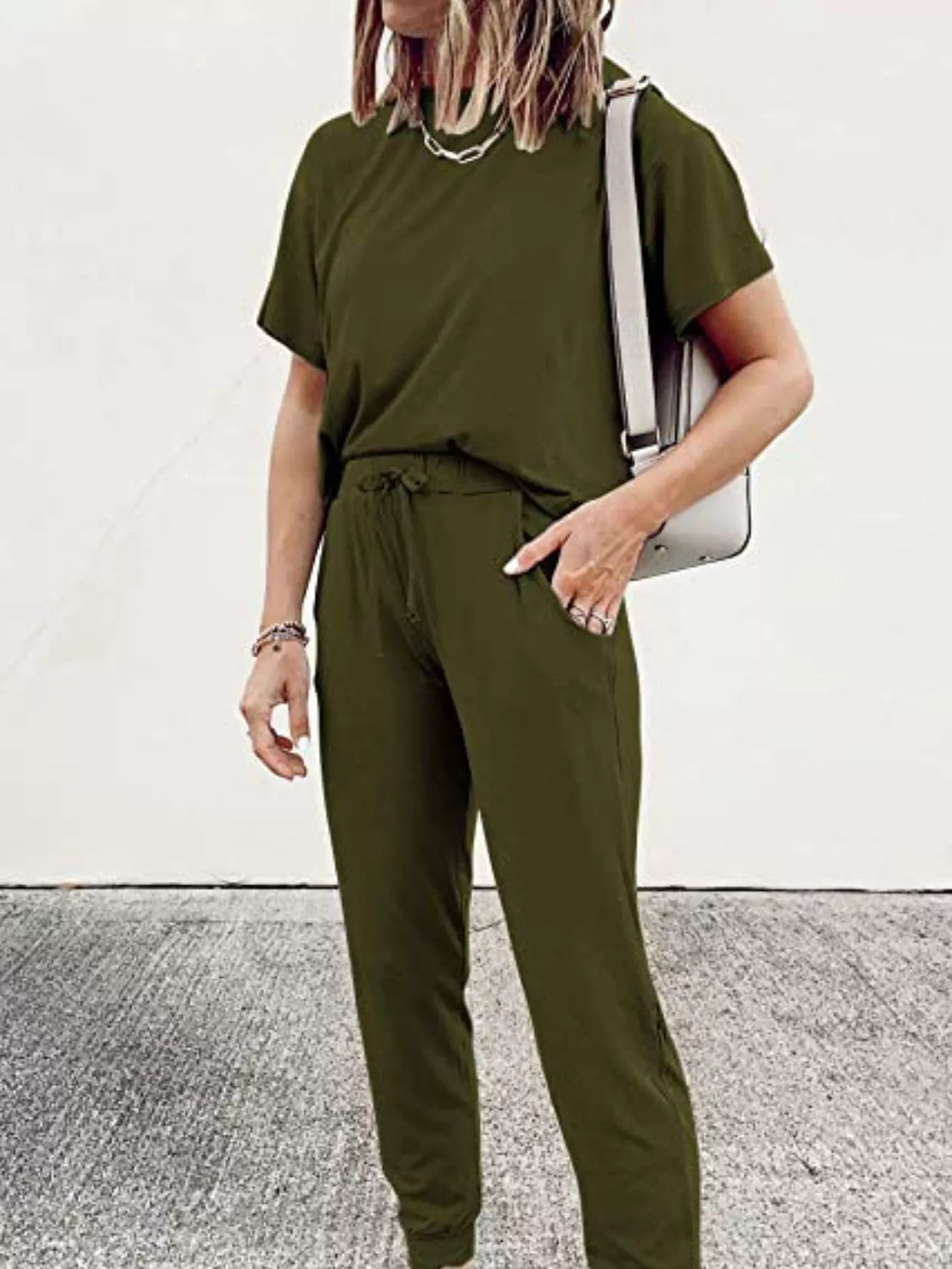 Full Size Round Neck Top and Drawstring Pants Set Plus Size