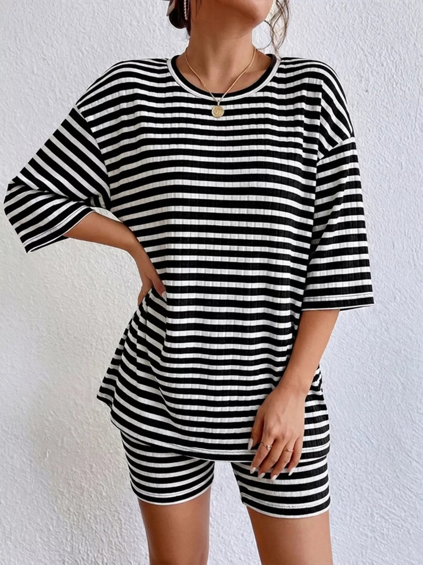 Striped Round Neck Top and Shorts Set