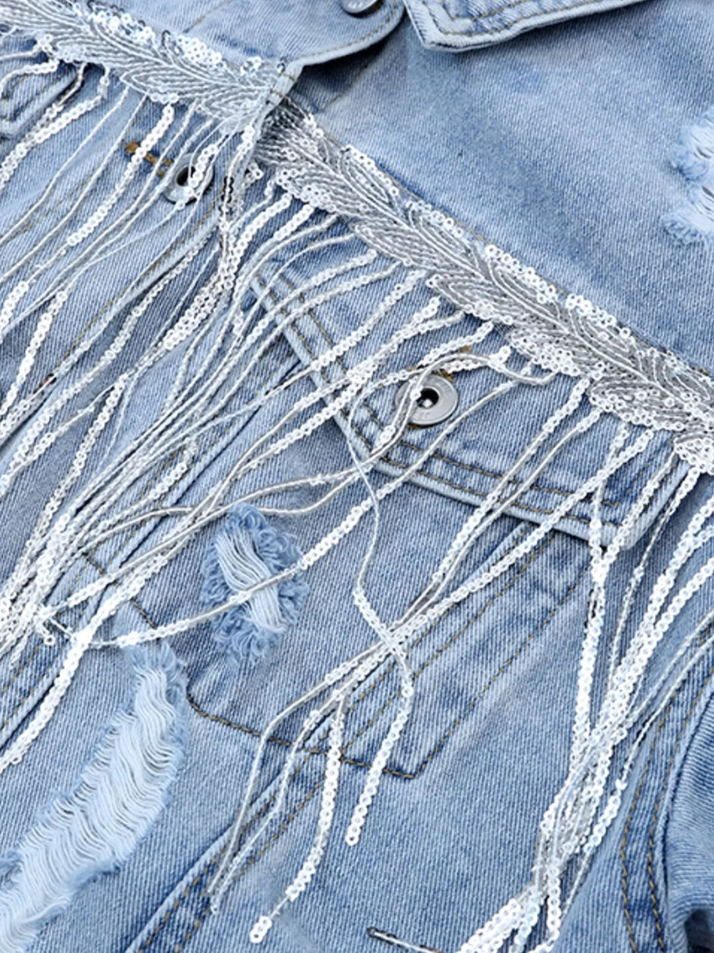 Fringed Sequin Embellished Denim Jacket
