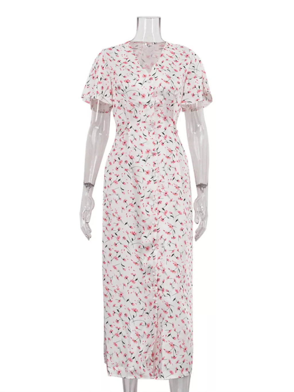 Floral Print V-Neck Flutter Sleeves Midi Dress