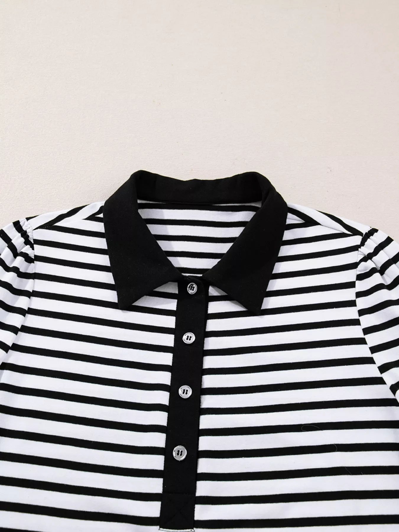 Stripe Buttoned Front Collared Long Sleeve T Shirt Dress with Pockets