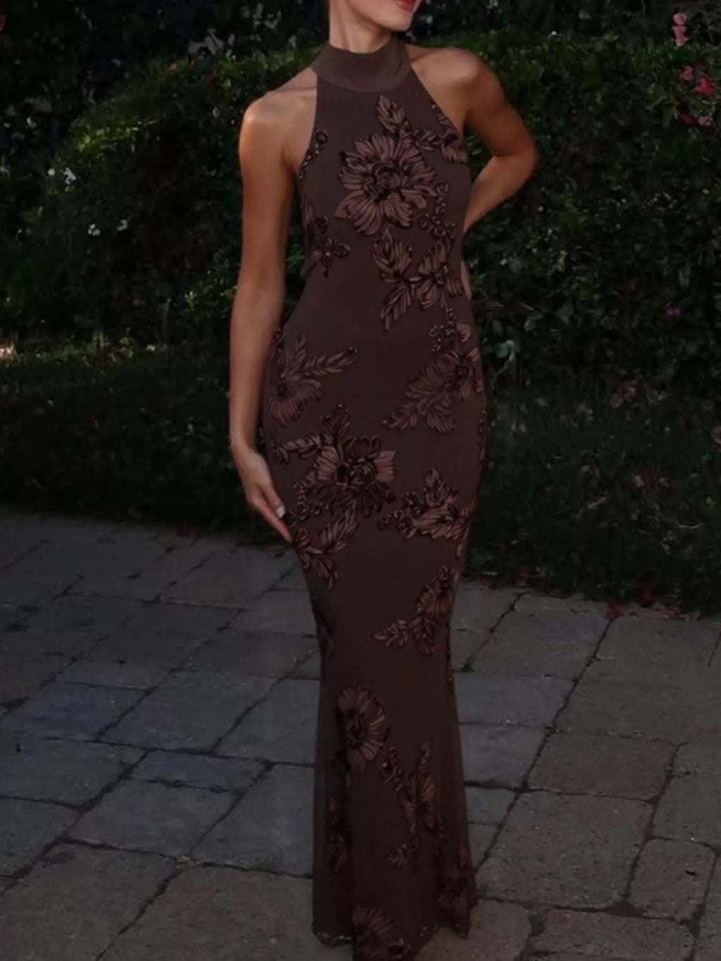 Floral Applique Halter Neck Maxi Dress