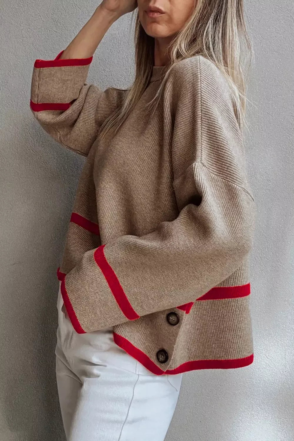 Ribbed Knit Pullover with Contrast Trim
