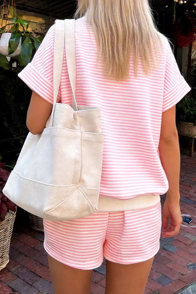 Full Size Striped Round Neck Tee and Shorts Set Plus Size