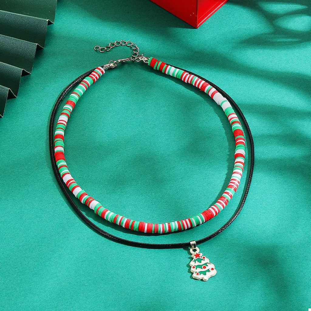 Colorful Double Layered Necklace with Christmas Tree Pendant