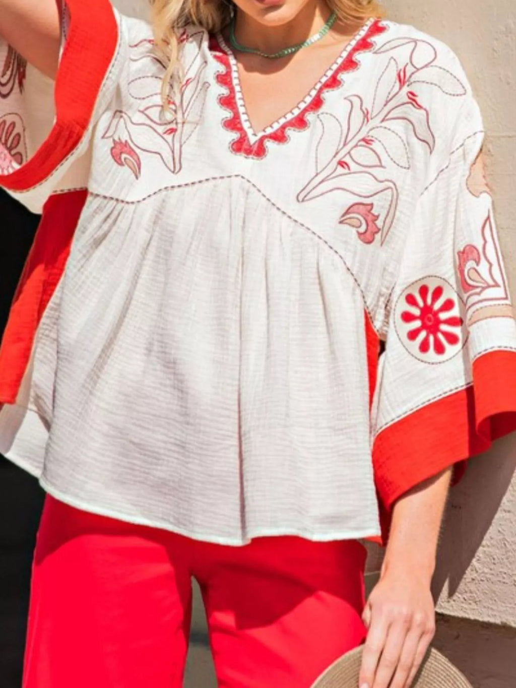 Printed V-Neck Top with Contrast Trim Details