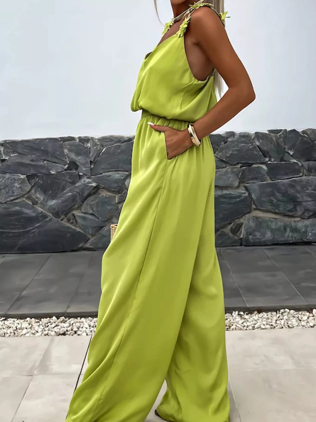 Floral Applique V-Neck Wide Leg Jumpsuit