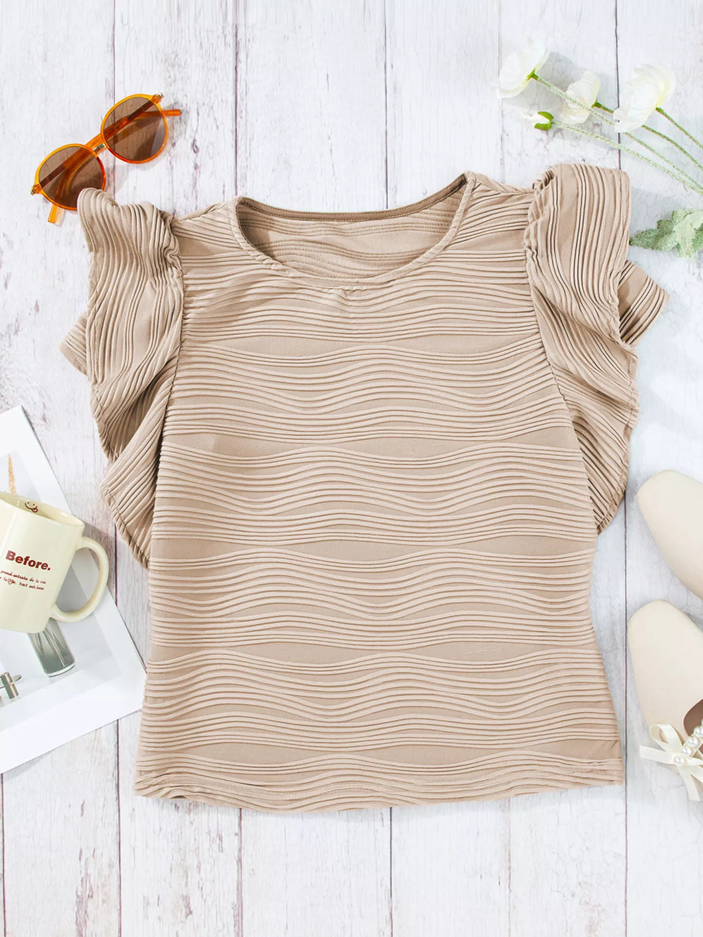 Casual Wavy Textured Ruffle Sleeve Top