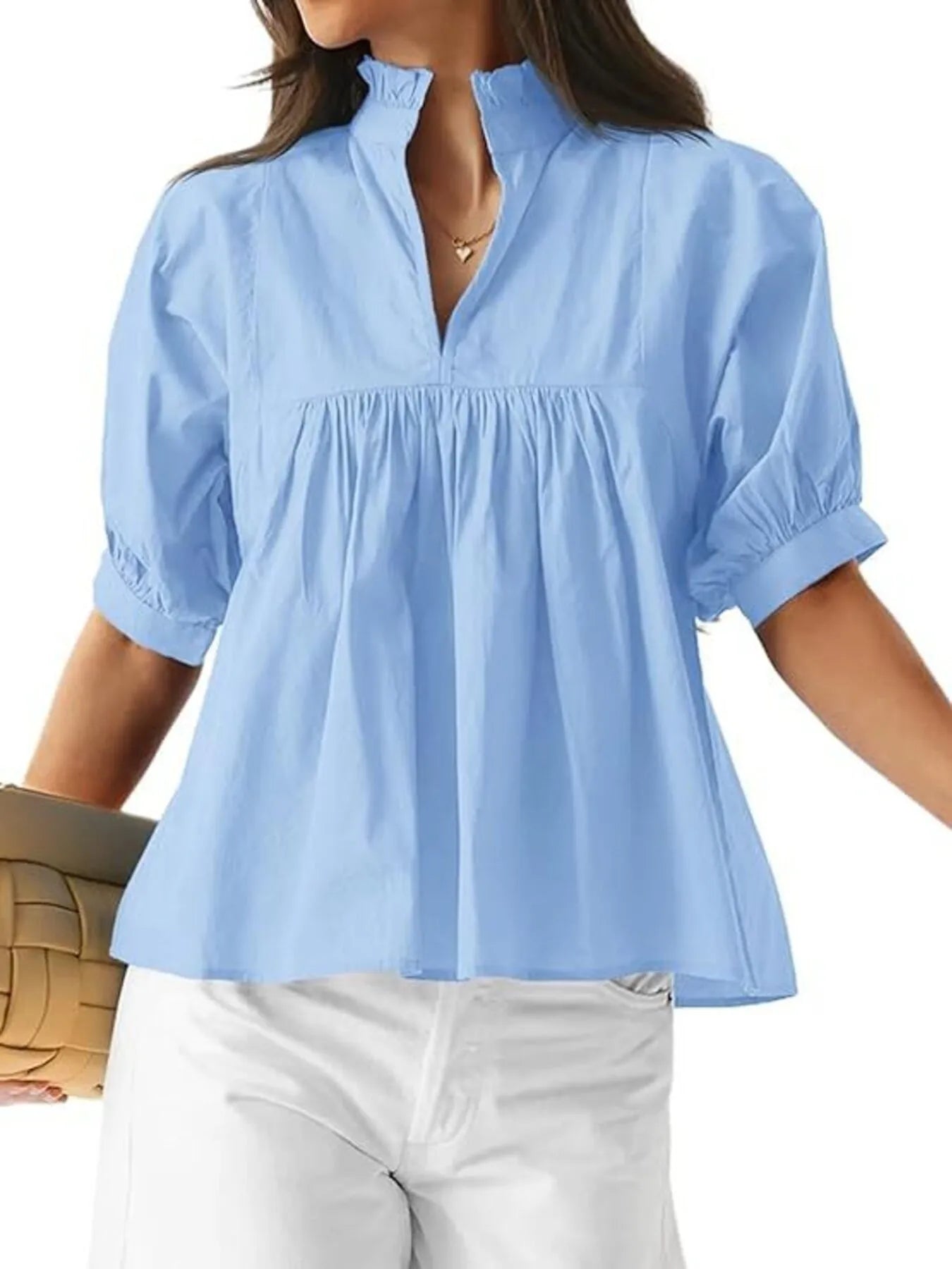 Notched Puff Sleeve Blouse