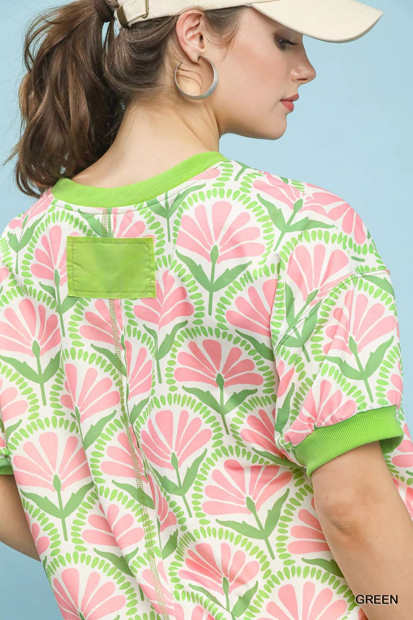 Umgee Floral Print Short Sleeve French Terry Top