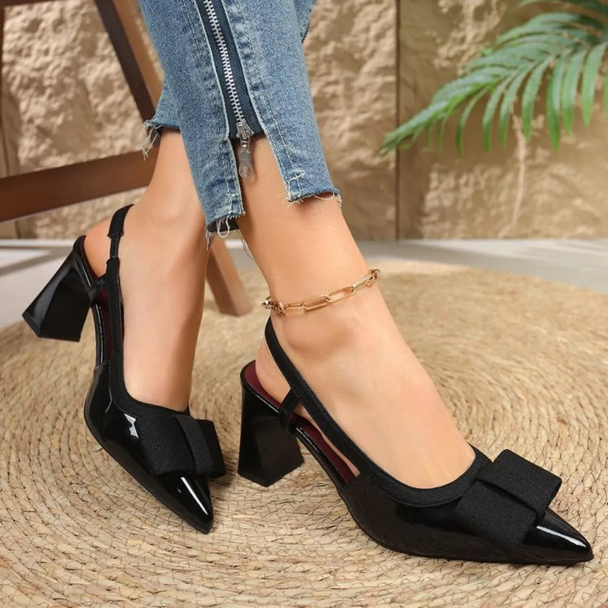 Point Toe Block Heels Slingback Sandals
