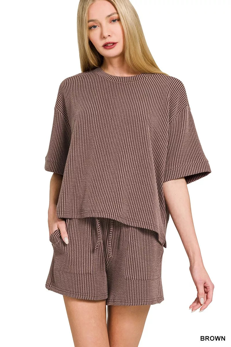 Zenana Raised Rib Short Sleeve Tee and Drawstring Shorts Set