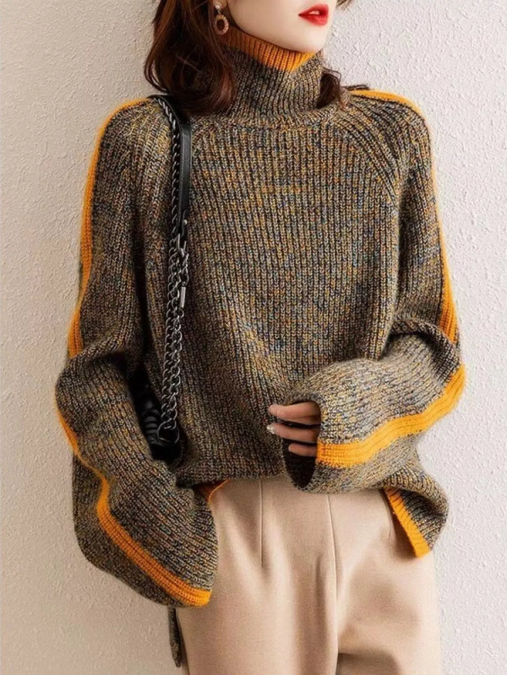 Contrast Trim Turtleneck Long Sleeve Sweater