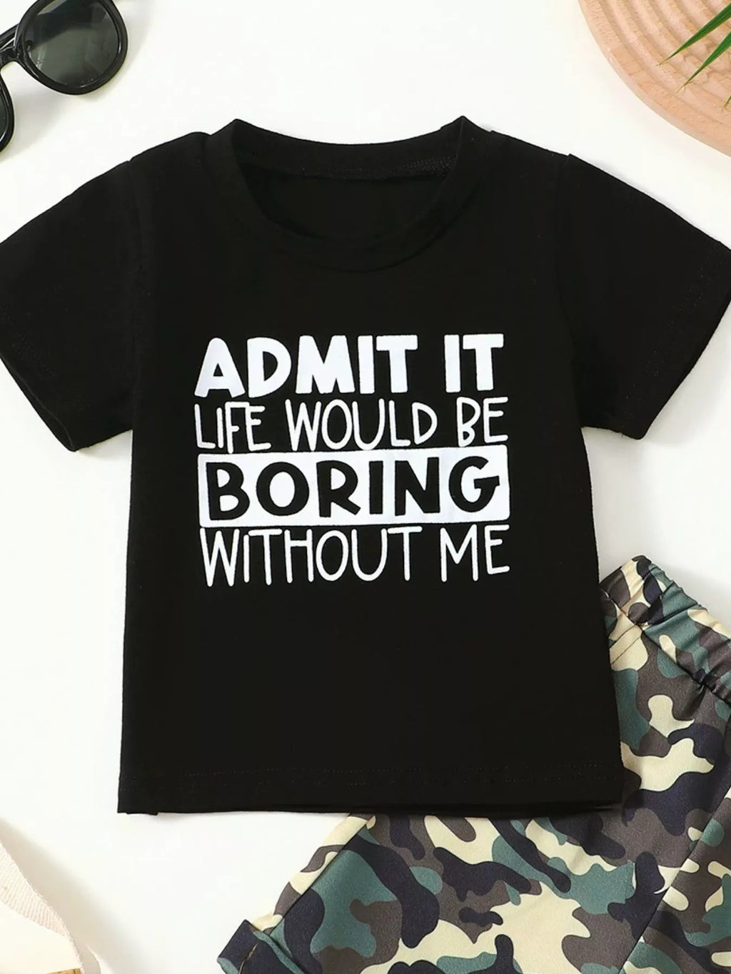 Children's Letter Graphic Tee and Camouflage Shorts Set