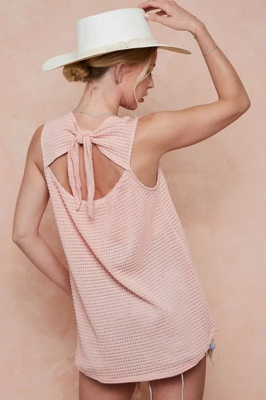 BiBi Popcorn Waffle Open Back Top with Tied Ribbon