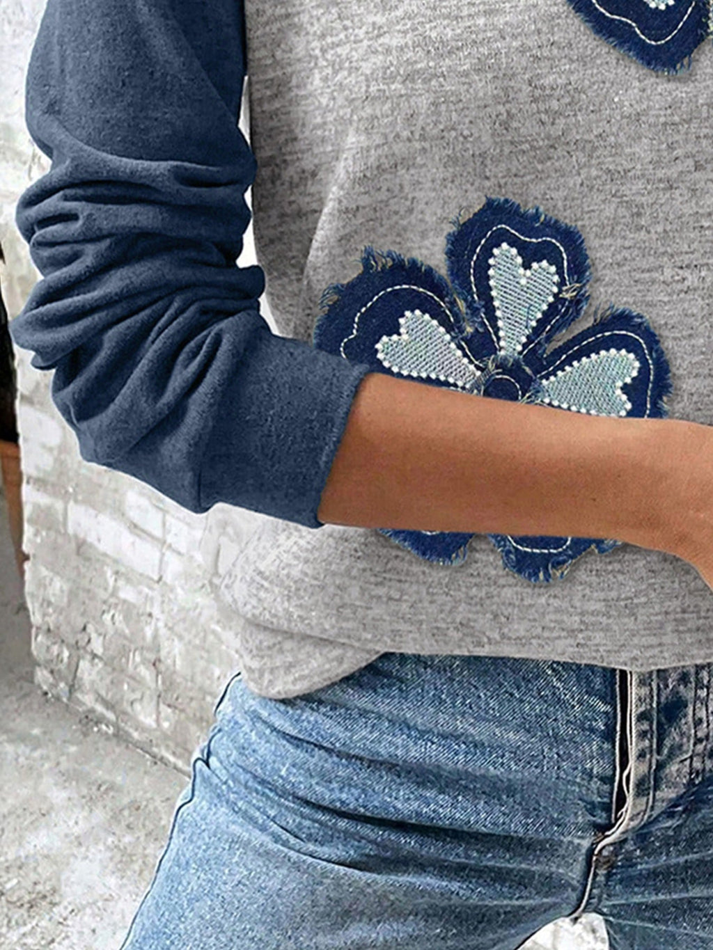 Color Block Flower Embroidered Patch Graphic Raglan Long Sleeve Top