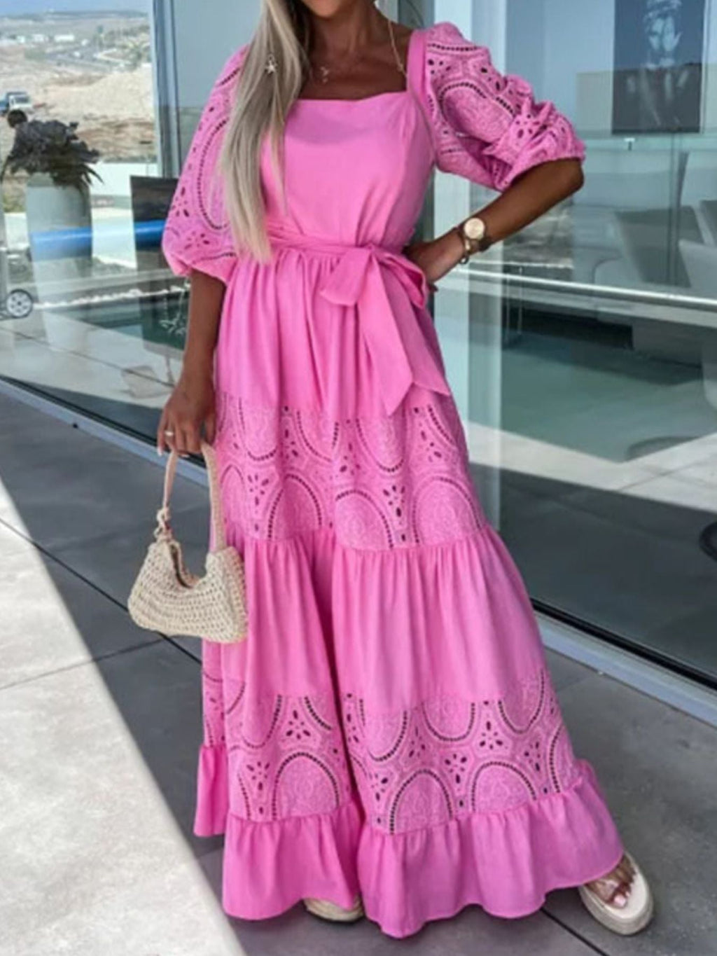 Lace Sleeve Belted Tiered Ruffled Maxi Dress