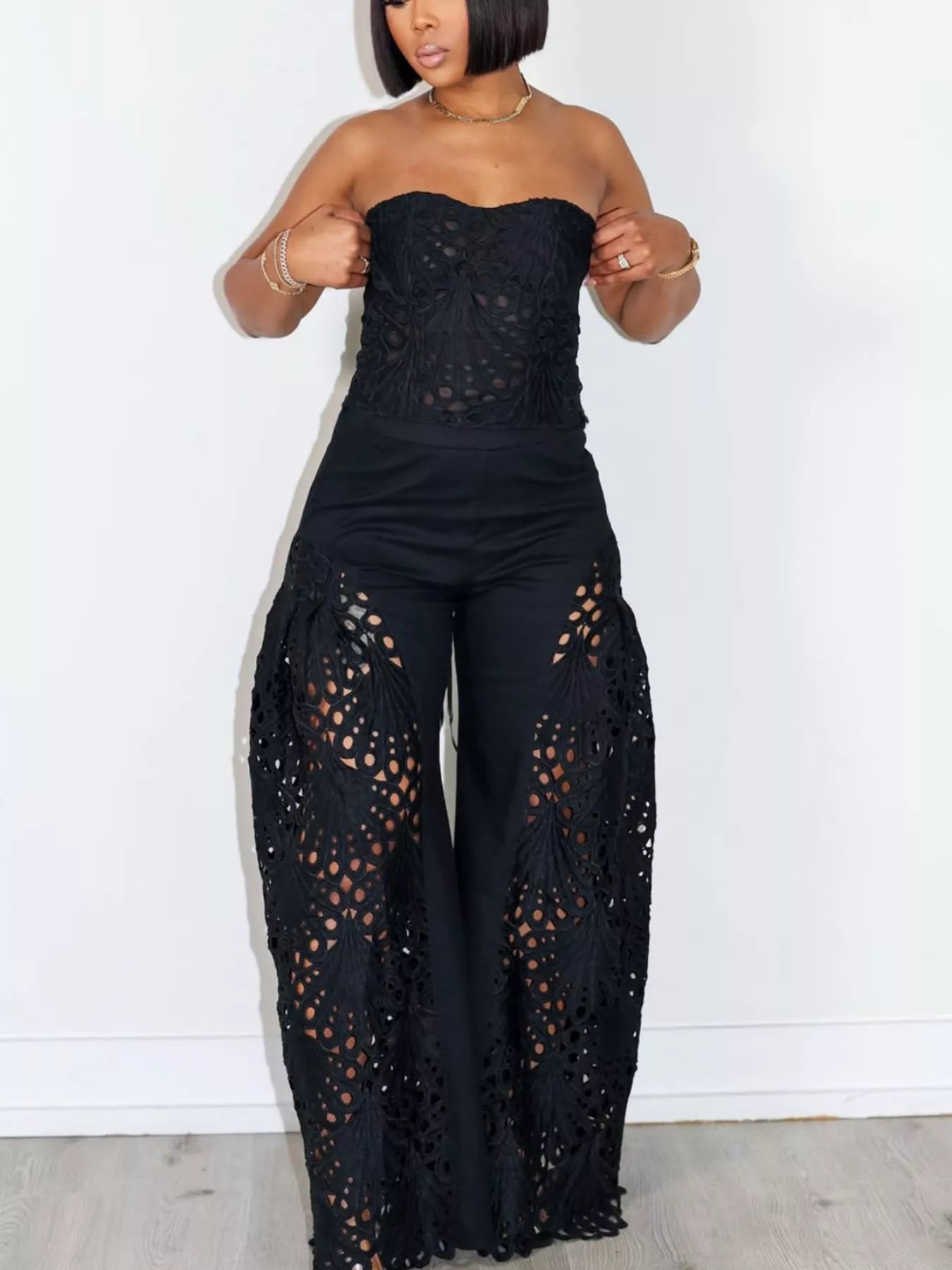 Cutout Tube Top and Wide Leg Pants Set