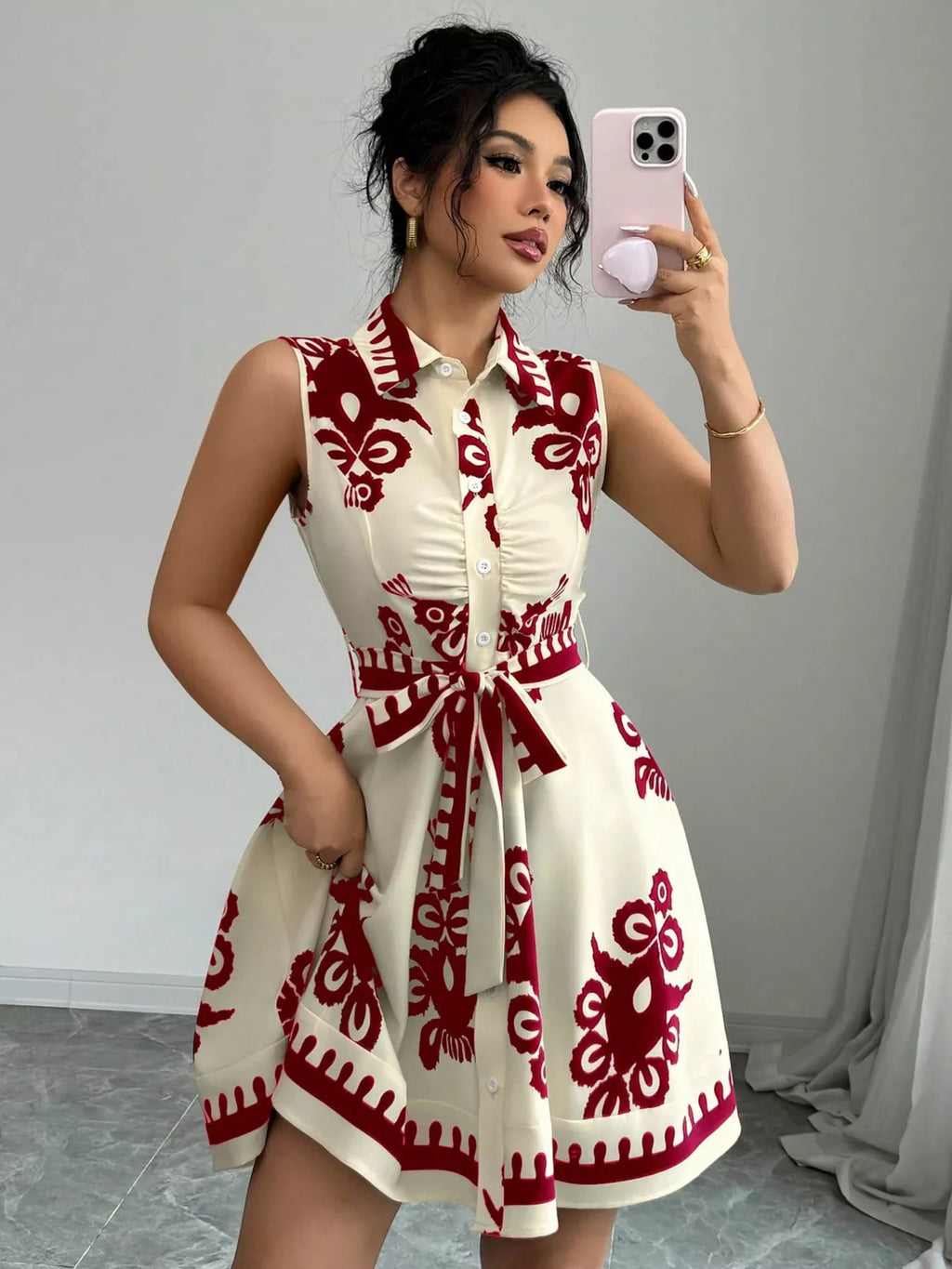 Sleeveless Ruched Printed Tie Waist Dress