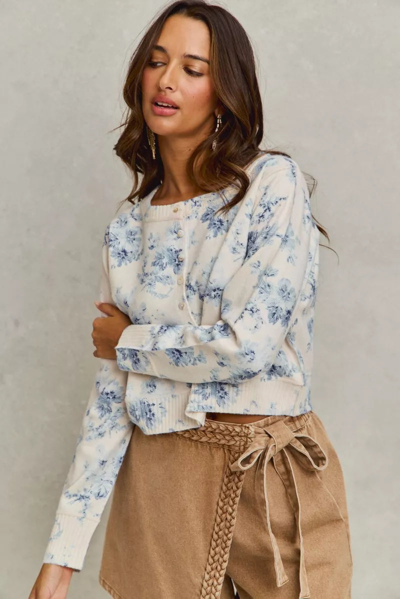 SO ME Vintage Floral Print Button Down Sweater Cardigan