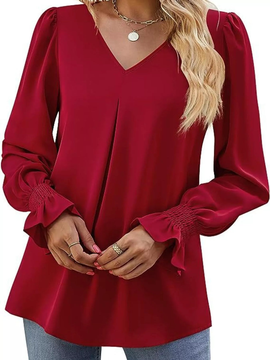 V-Neck Long Sleeve Ruffle Cuff Blouse