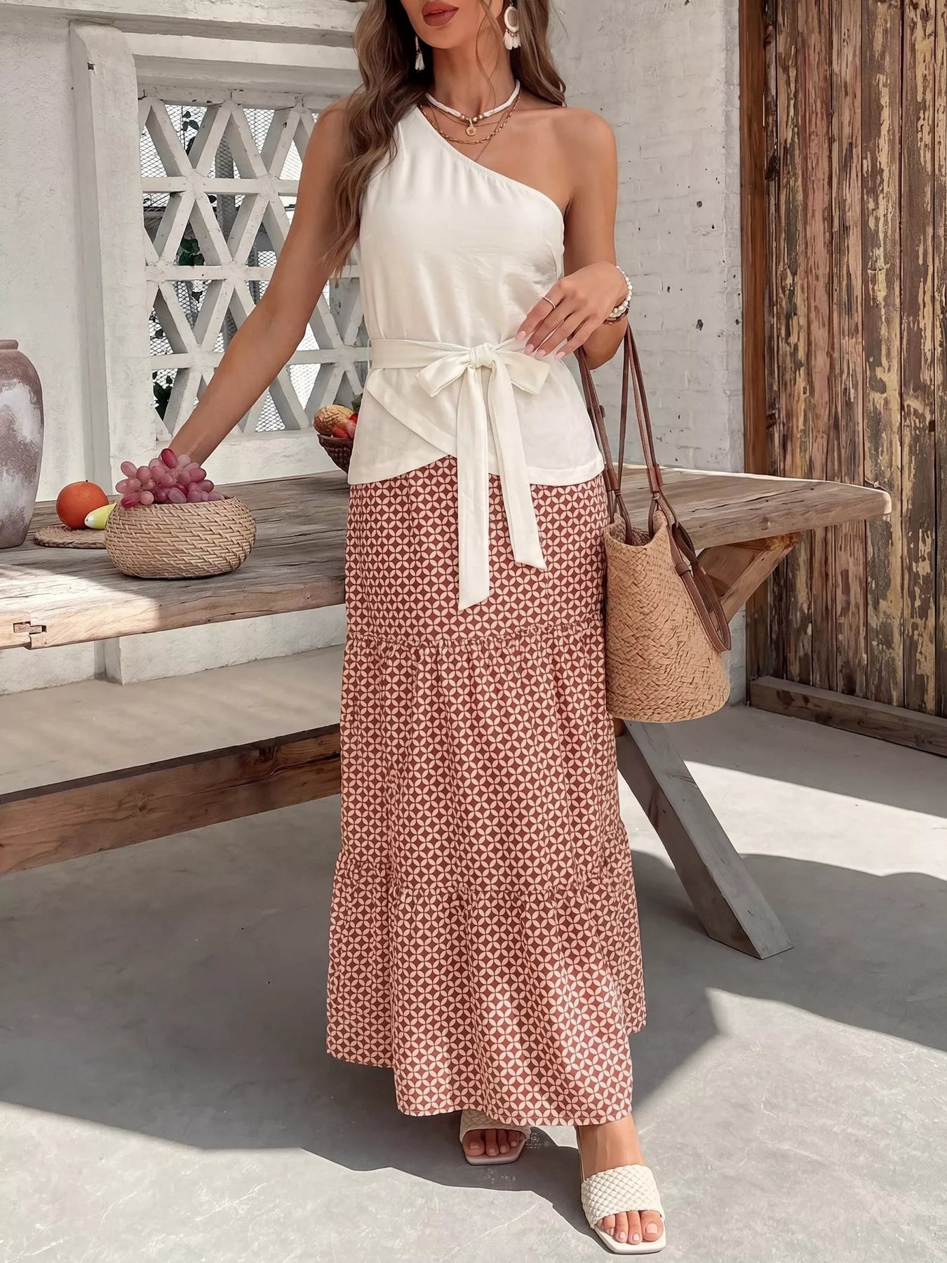 One-Shoulder Top and Geometric Print Maxi Skirt Set