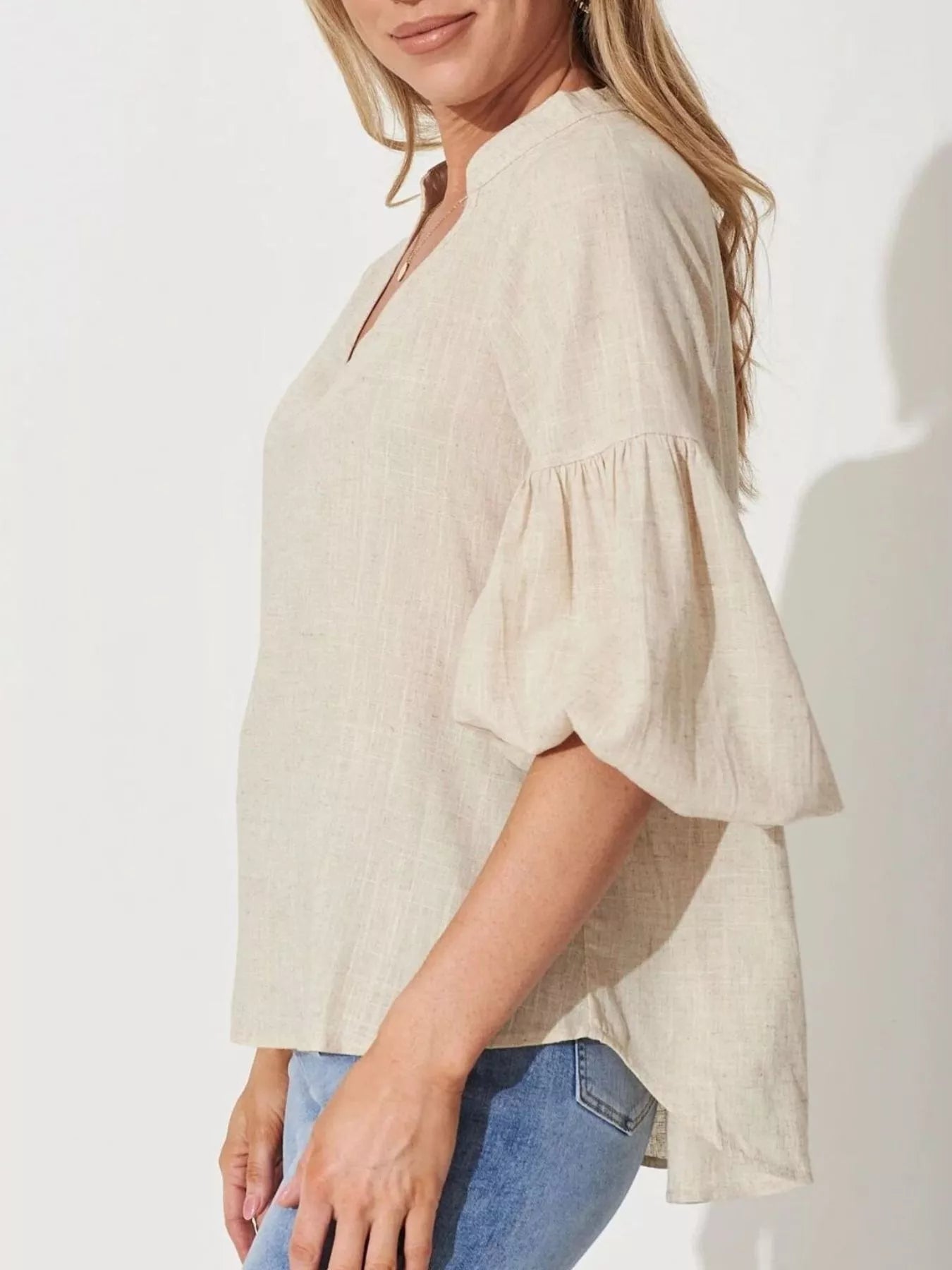 Notched Balloon Sleeve Blouse