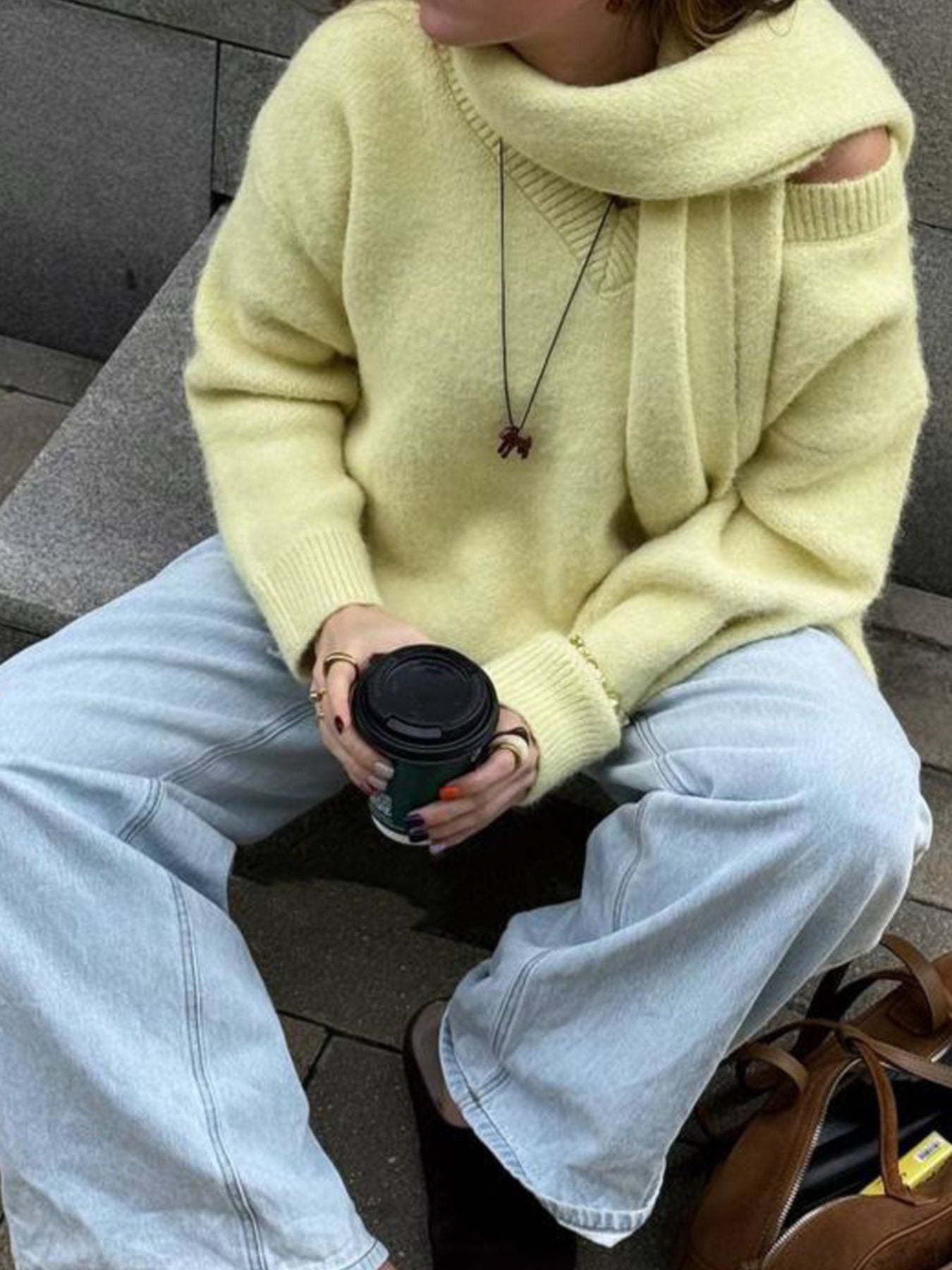 Oversized V-Neck Dropped Shoulder Sweater with Scarf