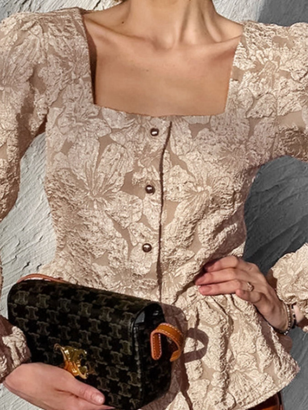 Textured Square Neck Balloon Sleeve Shirt