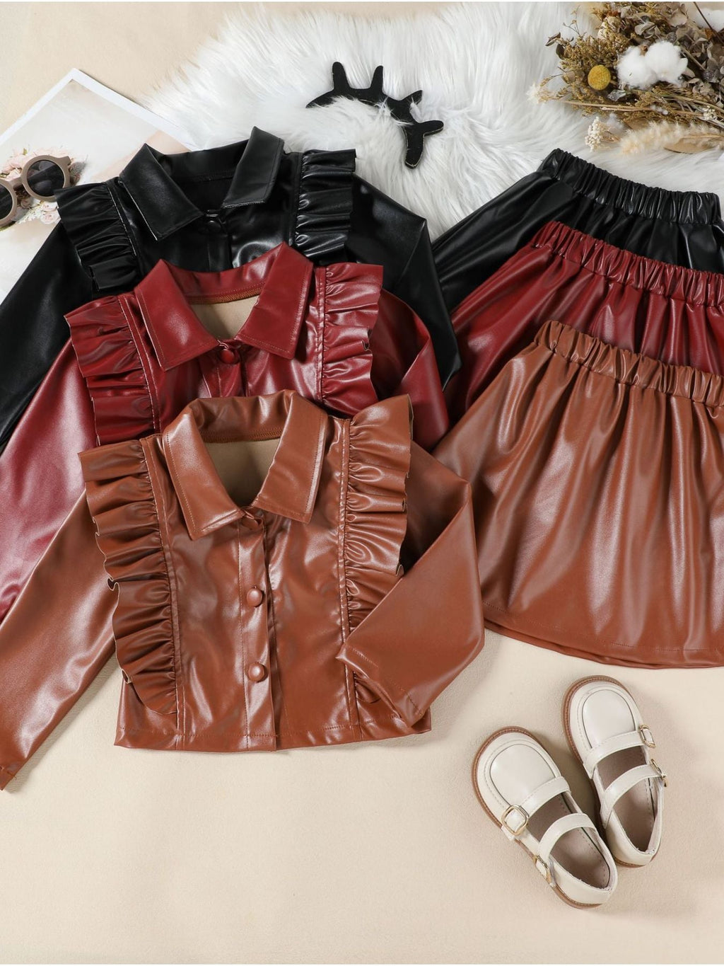 Children's Ruffled Faux Leather Top and Skirt Set