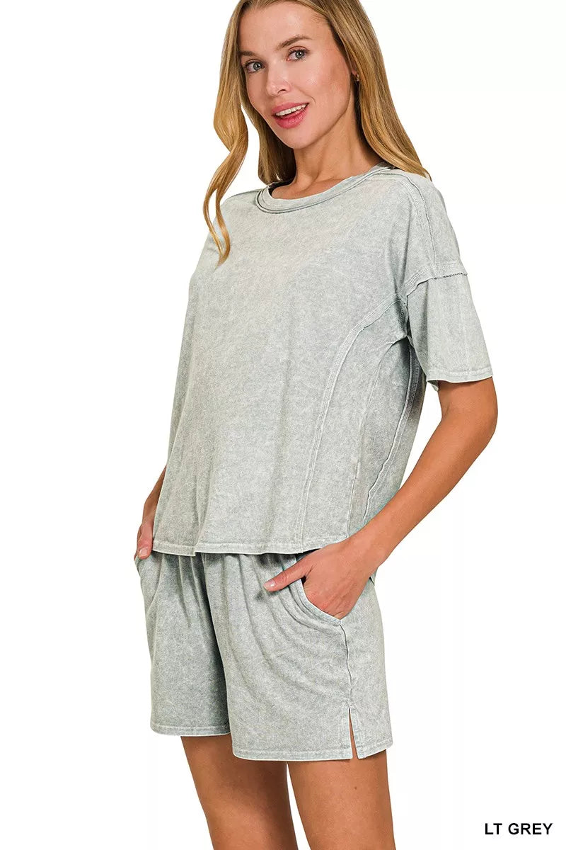 Zenana Halo Snow Washed Short Sleeve Tee and Shorts Set