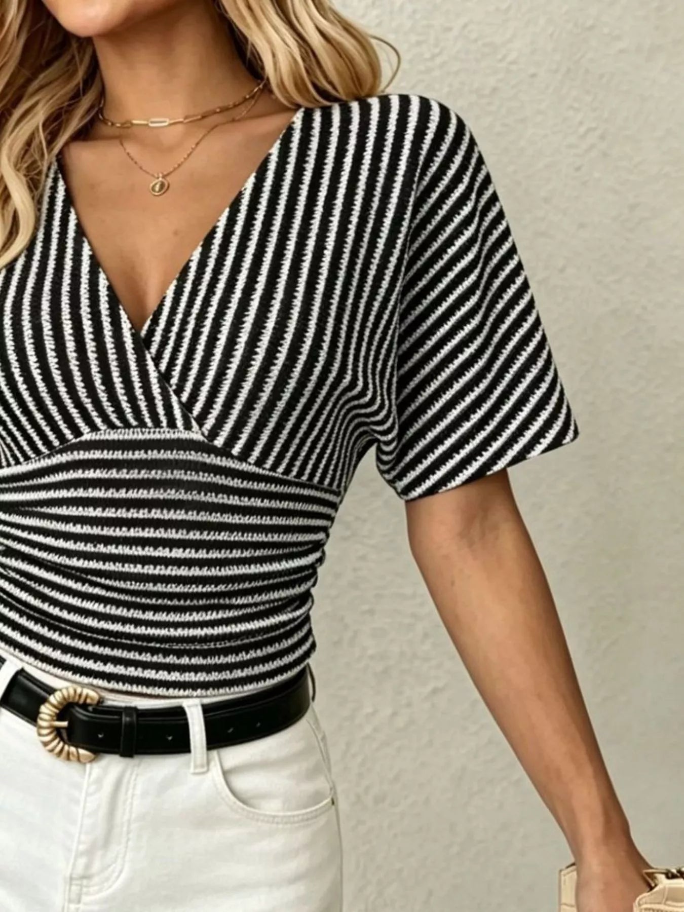 Striped Surplice Short Sleeve Top