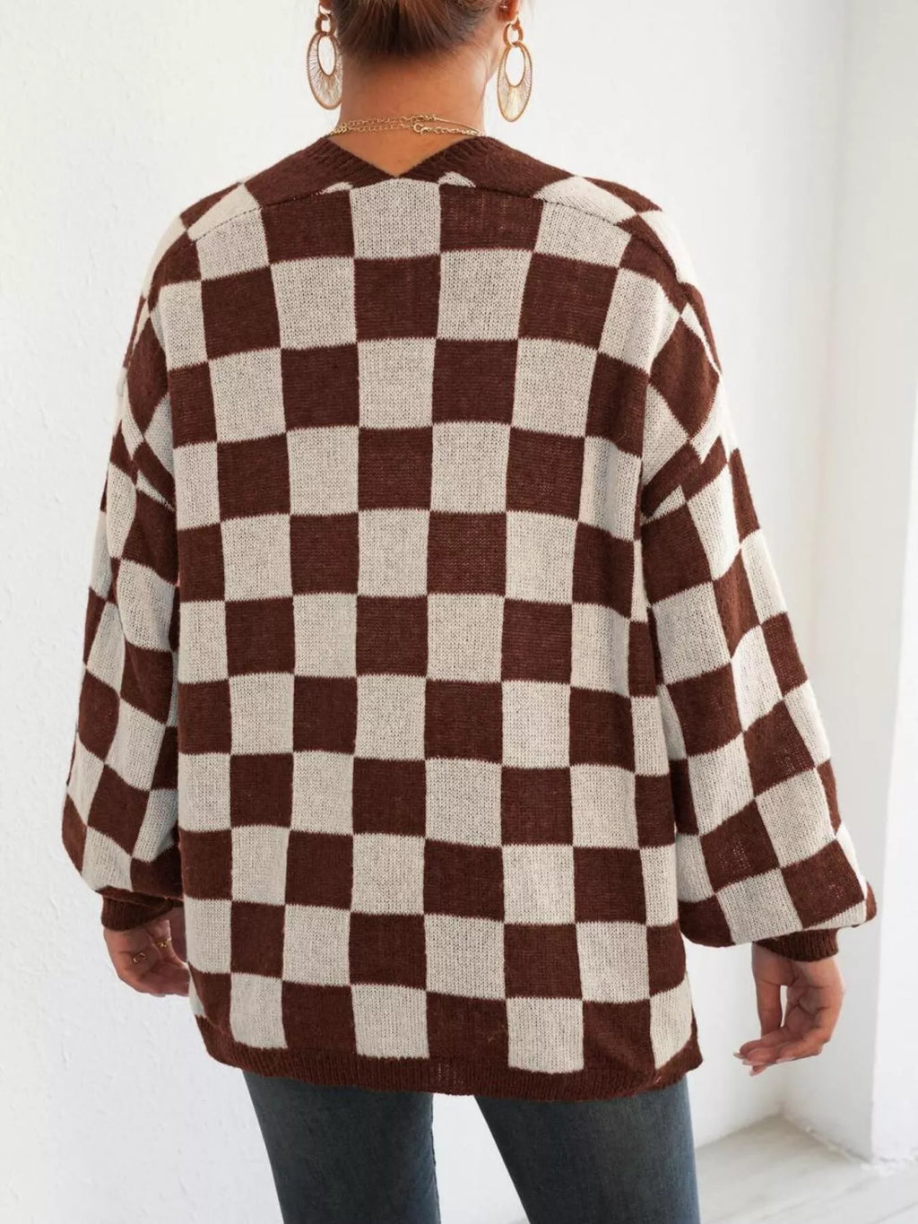 Checkerboard Pattern Open Front Knit Cardigan