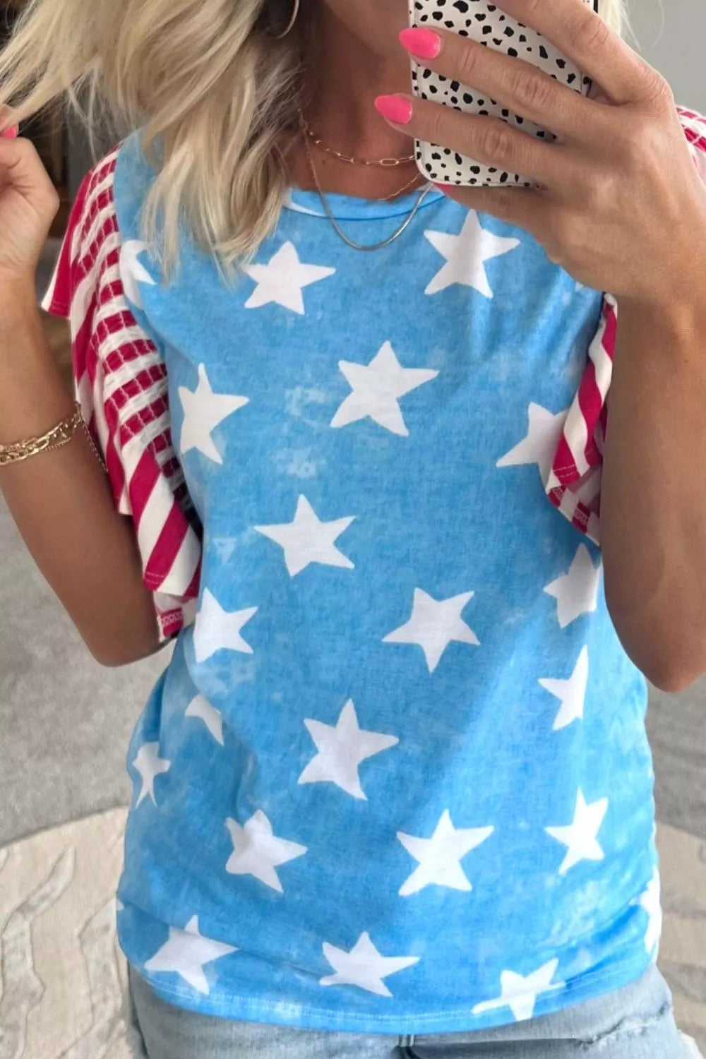 Vintage Star Print Striped Ruffle Sleeve Independence Day Top