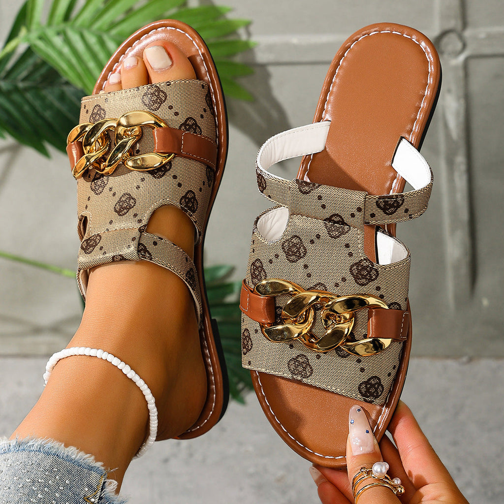 Chain-Decorated Patterned Slide Sandals
