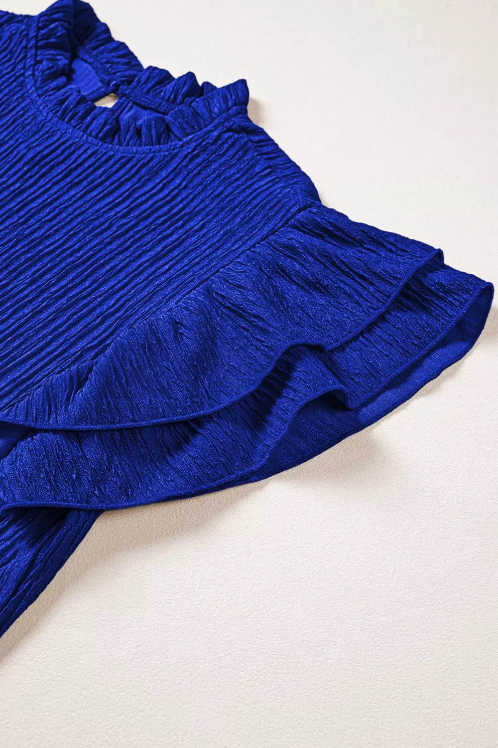 Solid Color Textured Ruffle Trim Short Sleeve Blouse