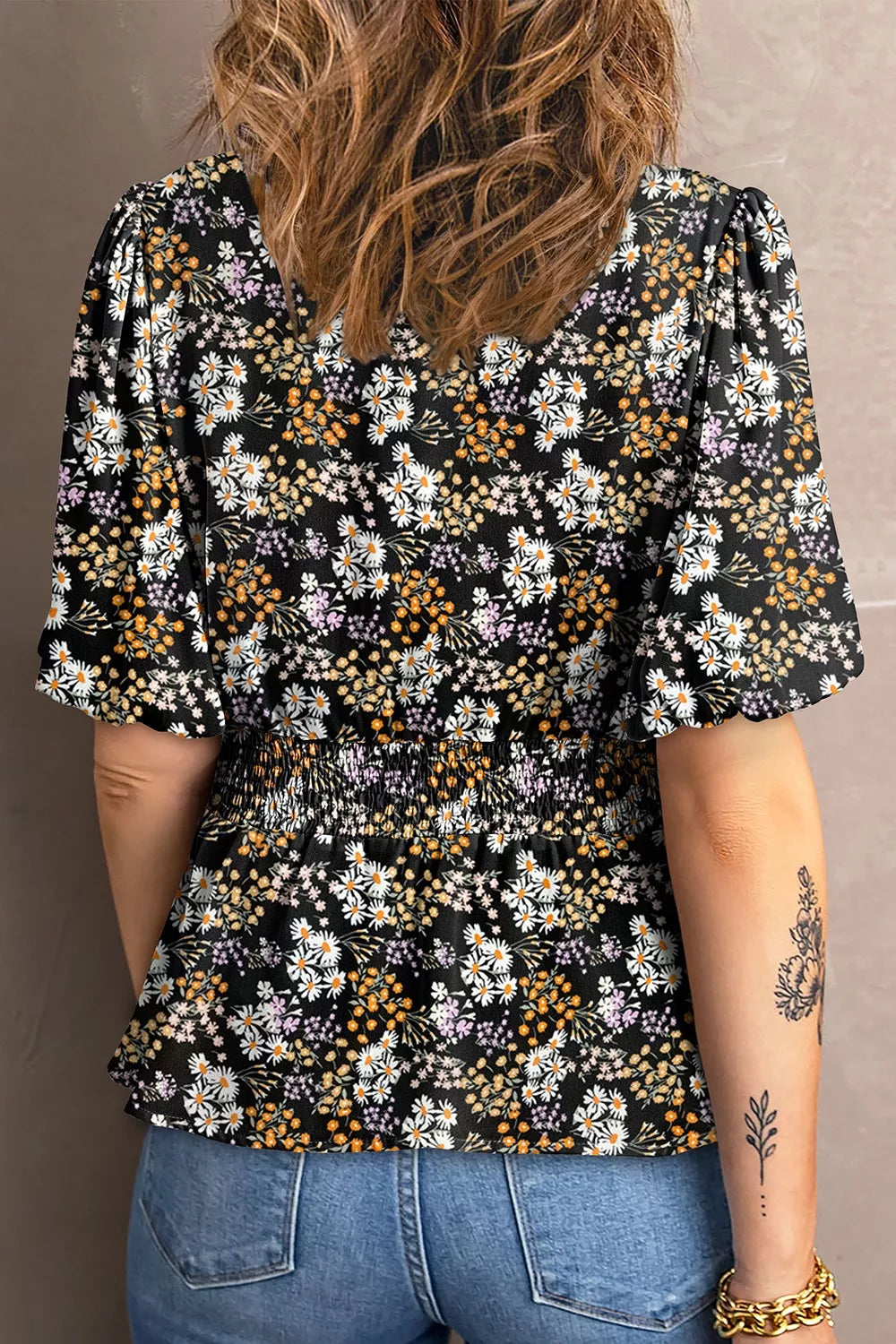 Floral Print V Neck Smocked Babydoll Blouse