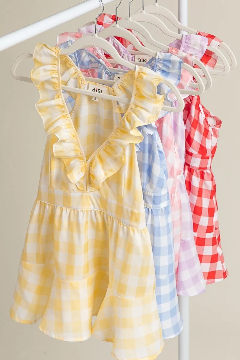 BiBi Ruffled Neckline Sleeveless Check Plaid Peplum Top