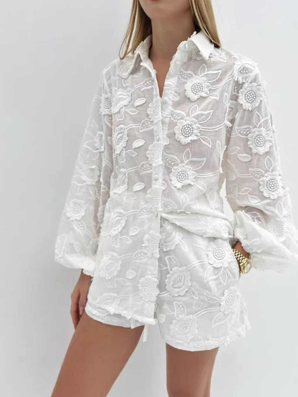 Floral Embroidered Shirt and Shorts Set