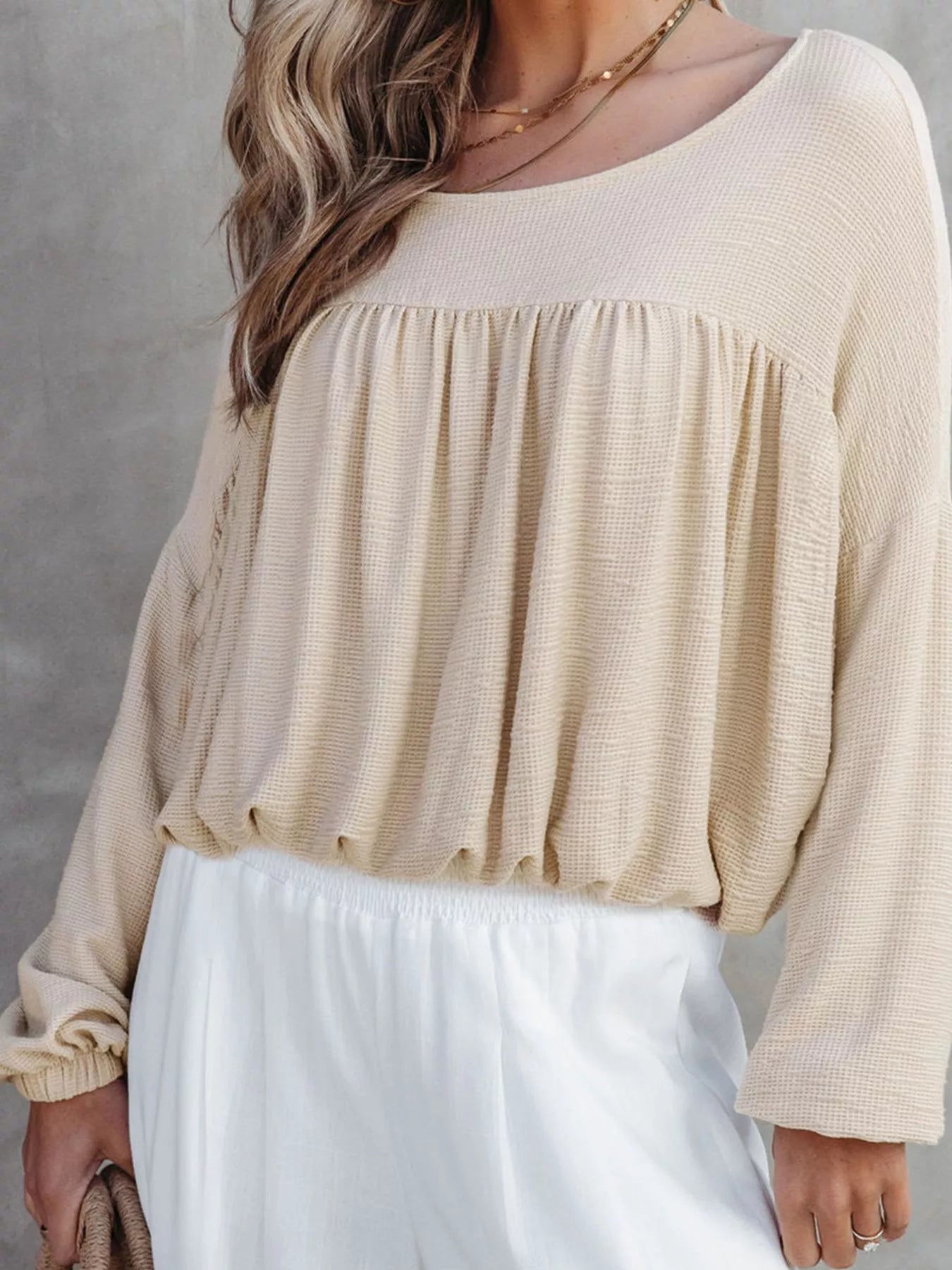 Textured Drop Shoulder Long Sleeve Top