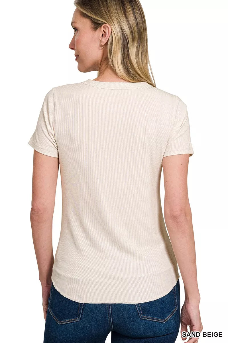 Zenana Ribbed Curved Hem Round-Neck Tee