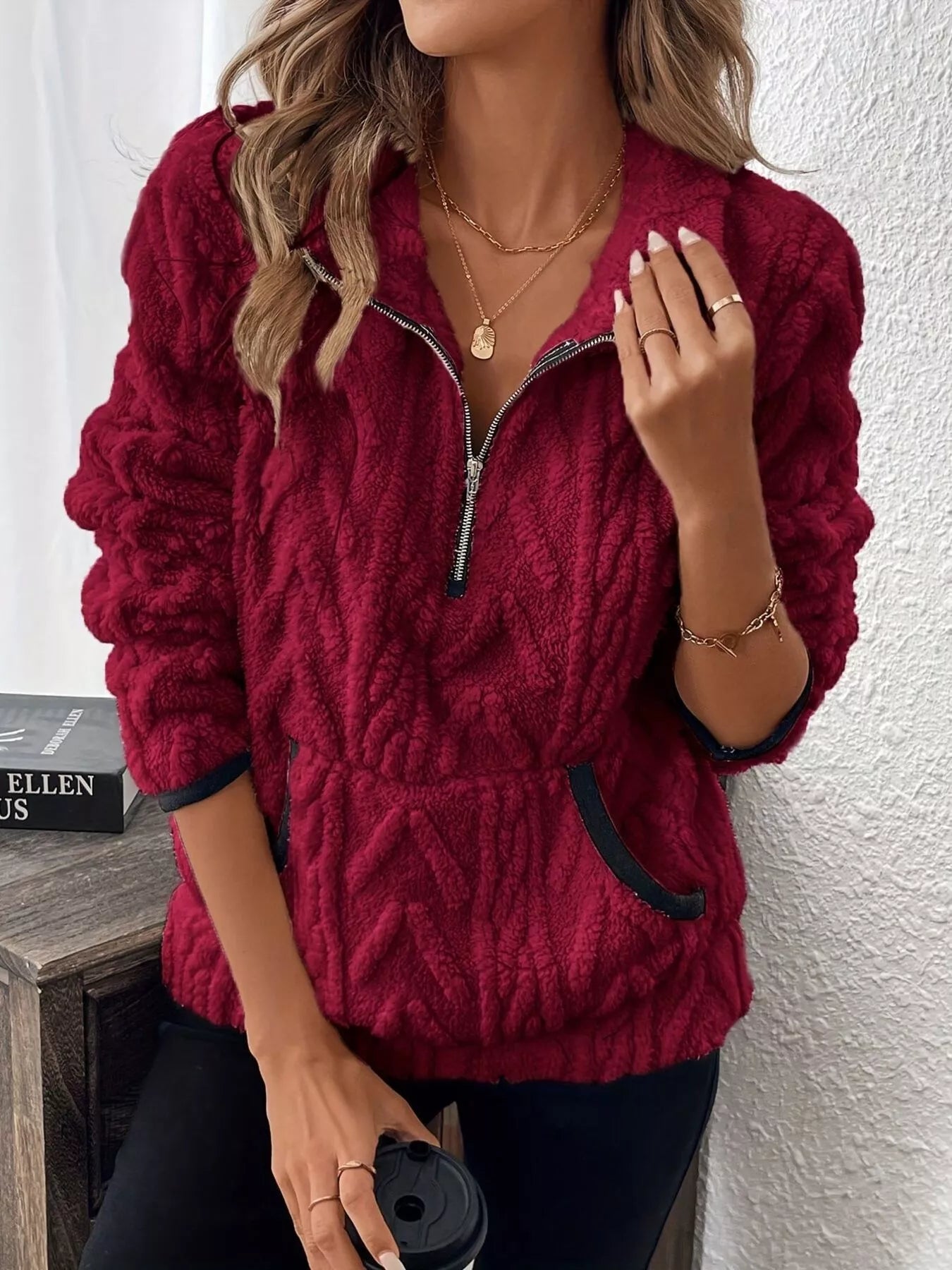 Full Size Half Zip Kangaroo Pocket Sweatshirt Plus Size