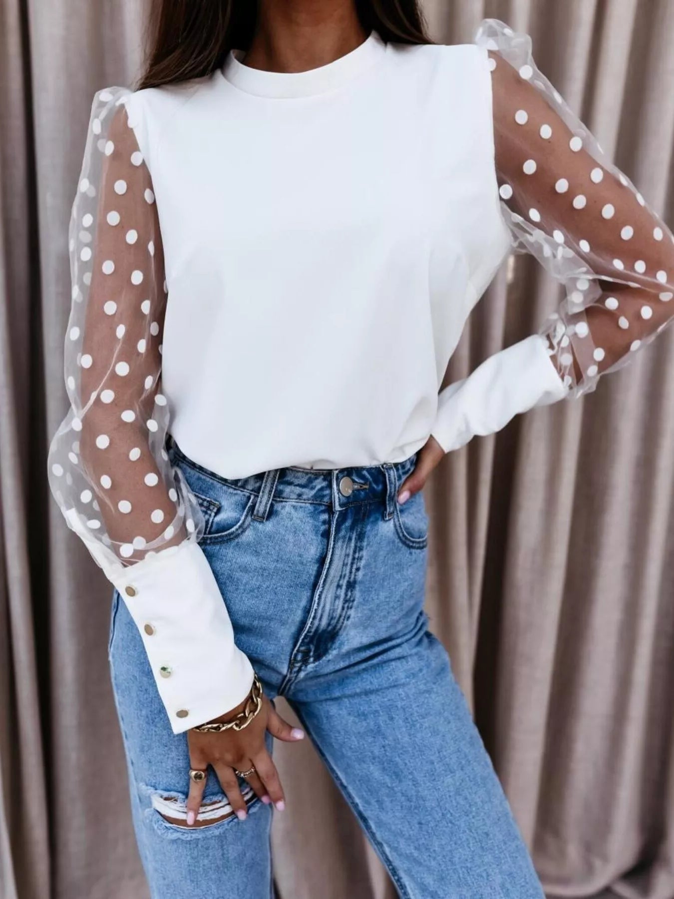 Polka Dot Mesh Sleeve Blouse