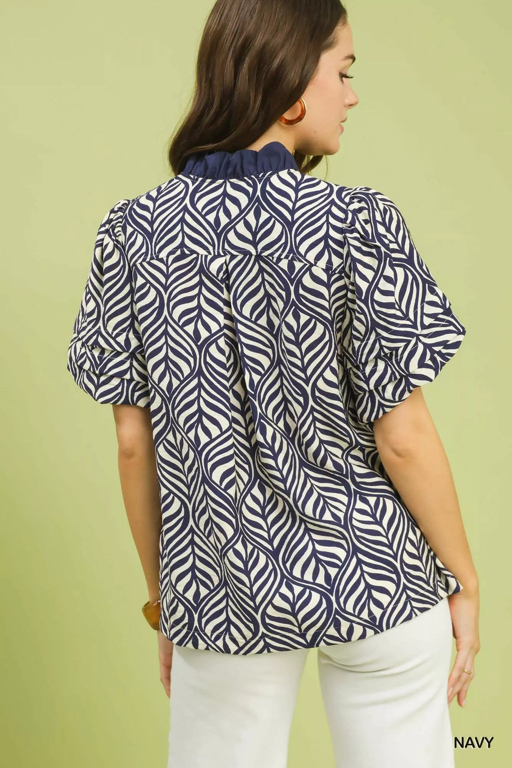 Umgee Printed Puff Sleeve Ruffle Neck Top