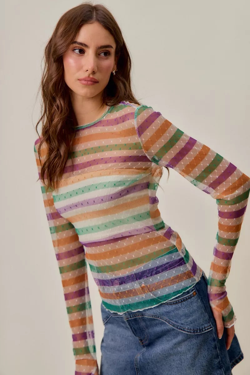 SO ME Mardi Gras Color Stripe Stretch Mesh Top