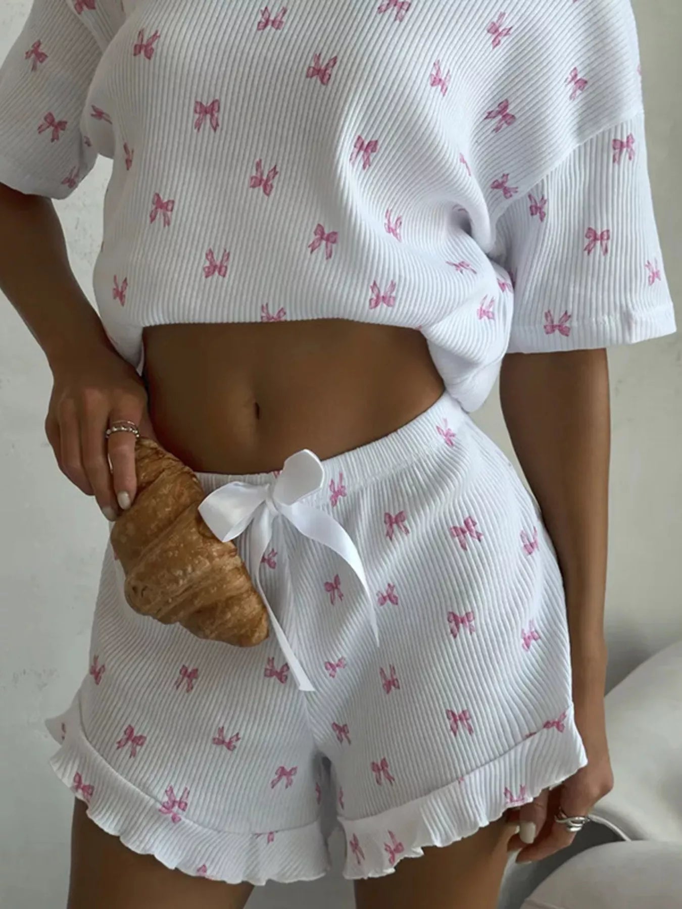 Ribbed Knit Bow Print Top and Shorts Lounge Set