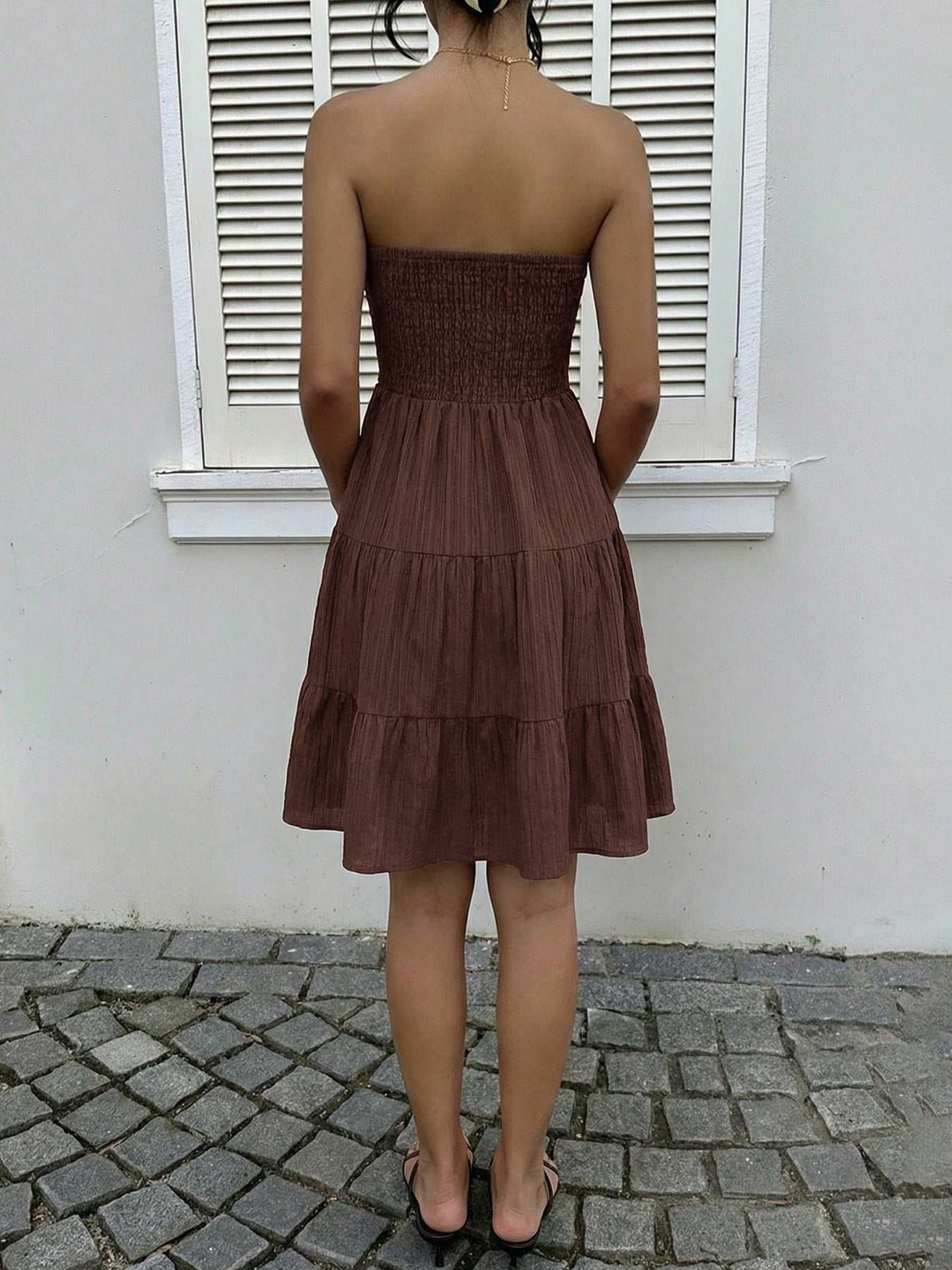 Smocked Strapless Tiered Ruffle Mini Dress