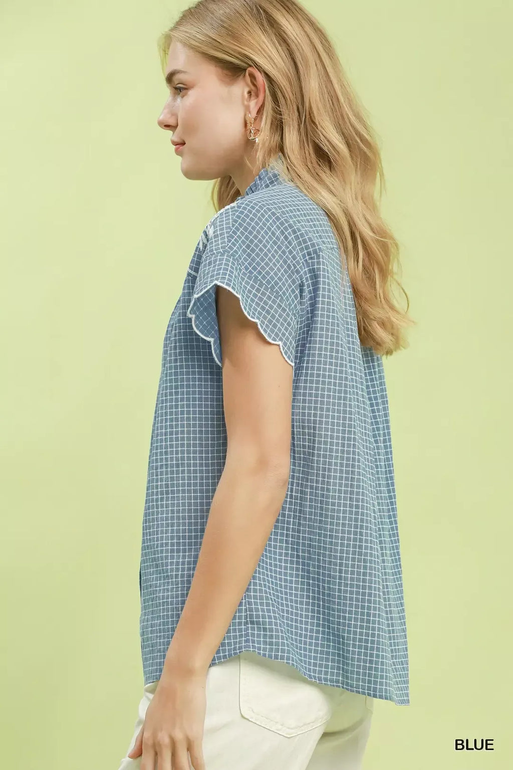 Umgee Embroidered Print Scallop Sleeve Button Front Blouse