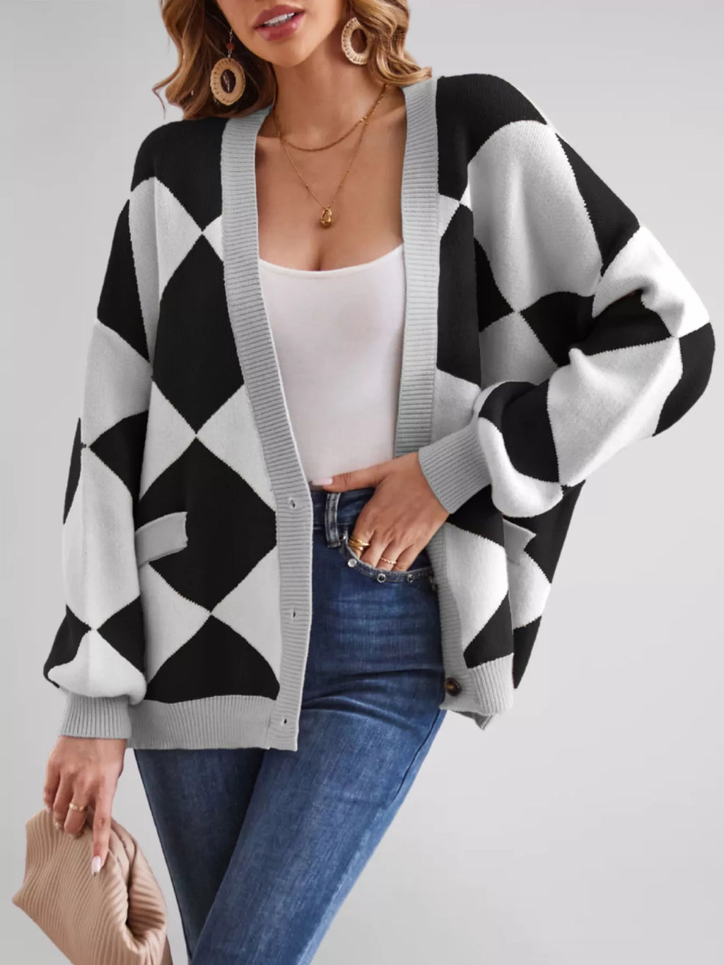 Diamond Pattern Button-Up Knit Cardigan